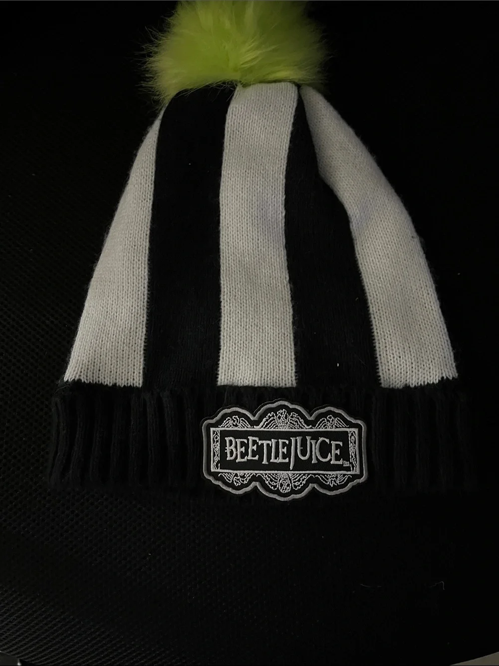 Kids Knit Pom Beanie Hat in Black, White & Neon Green